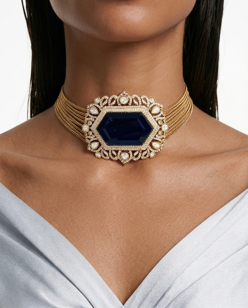 Afsana Sapphire Gold-Tone Moissanite Polki Kundan with Zircon Diamond Detailing Choker Necklace Set – Necklace & Earrings