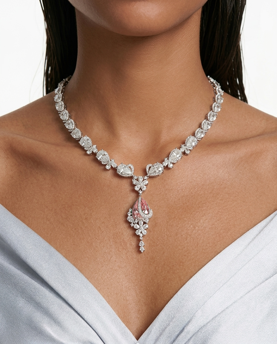 Layali Pink Drop Diamond-Like Zircon Statement Necklace Set (Necklace & Earrings)