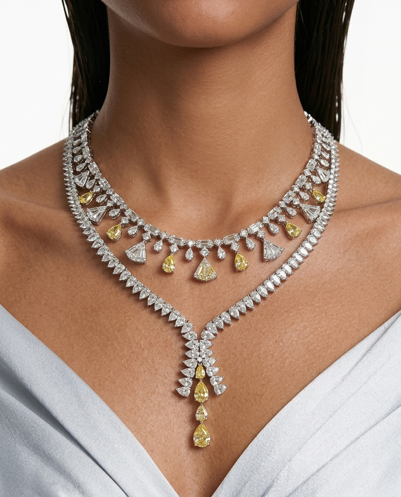 Maharani Azure Citrine Droplets Diamond-Like Zircon Statement Pendant Necklace Set & Vivienne Fan Citrine Drop & Diamond-Like Zircon Statement Necklace Set (2 Necklace & 2 Earrings)