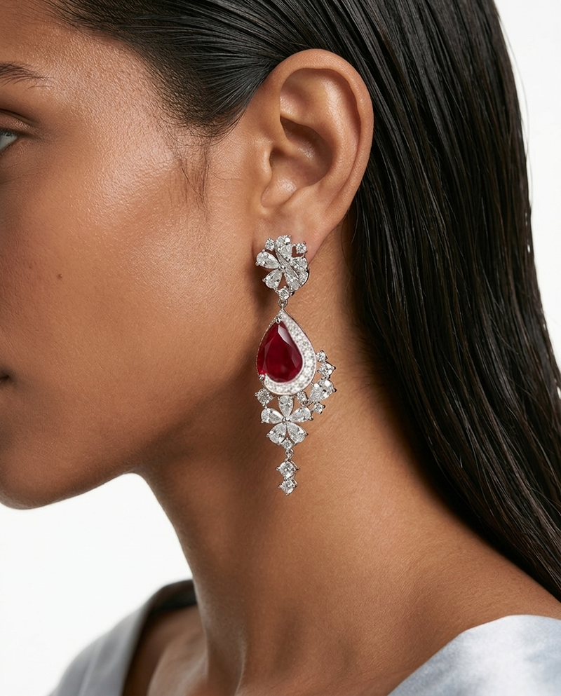 Layali Ruby Drop Diamond-Like Zircon Statement Necklace Set (Necklace & Earrings)