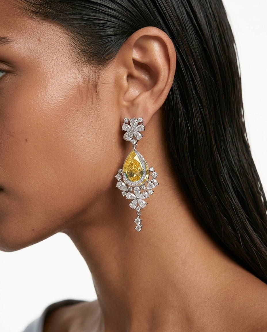 Layali Citrine Drop Diamond-Like Zircon Statement Necklace Set (Necklace & Earrings)