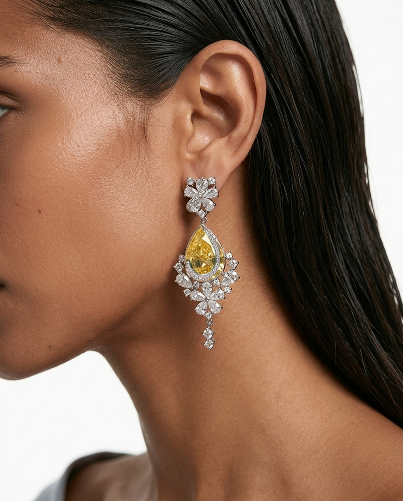 Layali Citrine Drop Diamond-Like Zircon Statement Necklace Set (Necklace & Earrings)