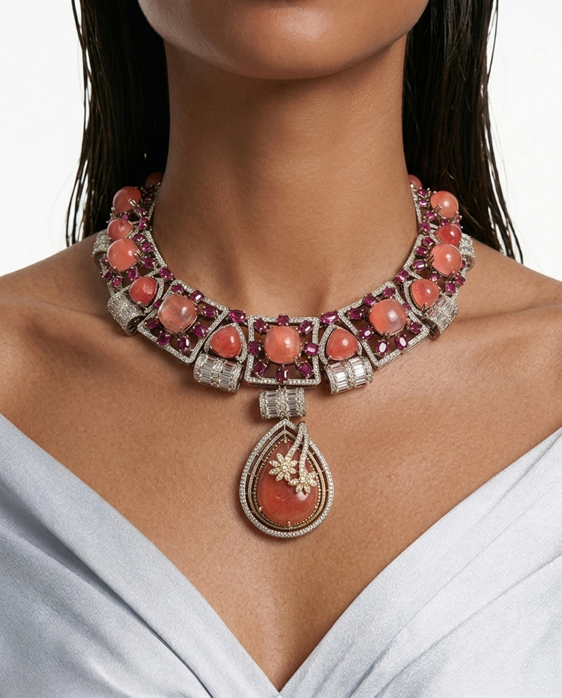 Mila Peach, Ruby & Moissanite Polki Kundan with Zircon Diamond Detailing Statement Luxe Necklace Set (Necklace & Earrings)