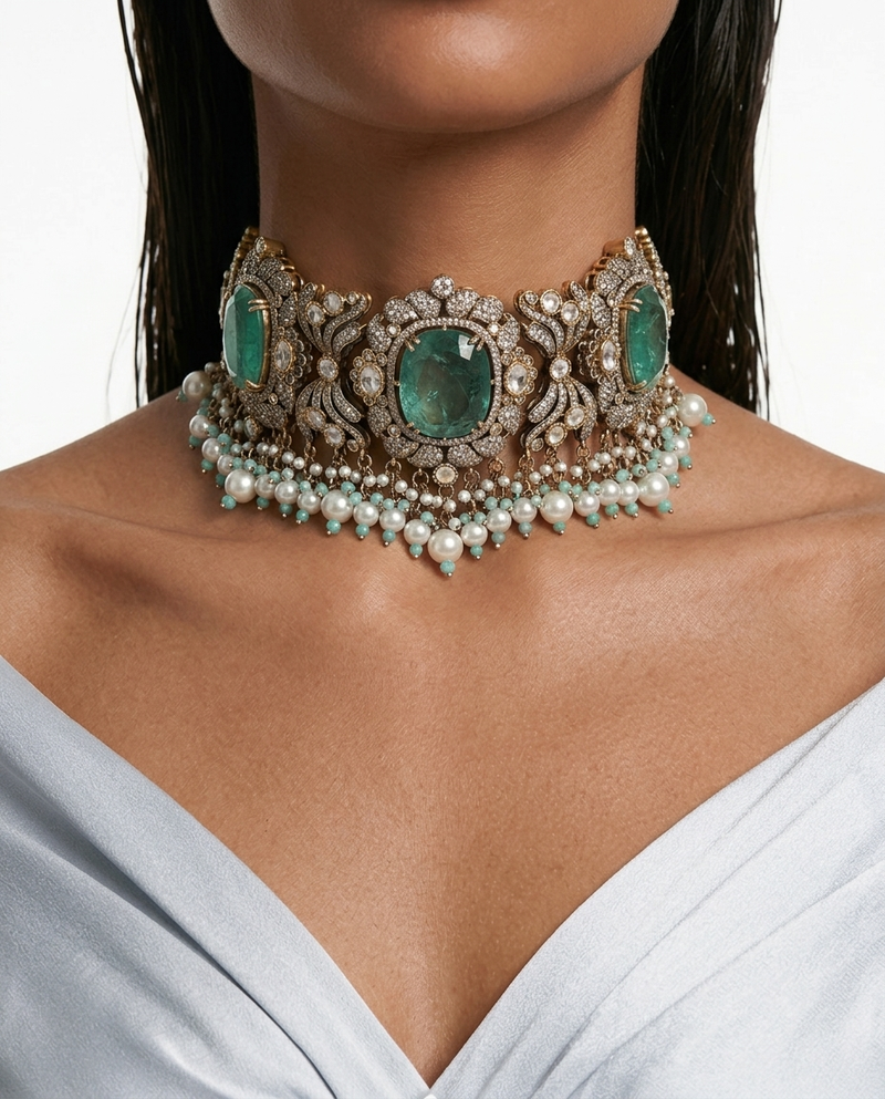 Jawaria Mint, Pearls & Moissanite Polki Kundan with Zircon Diamond Detailing Statement Luxe Necklace Set (Necklace & Earrings)