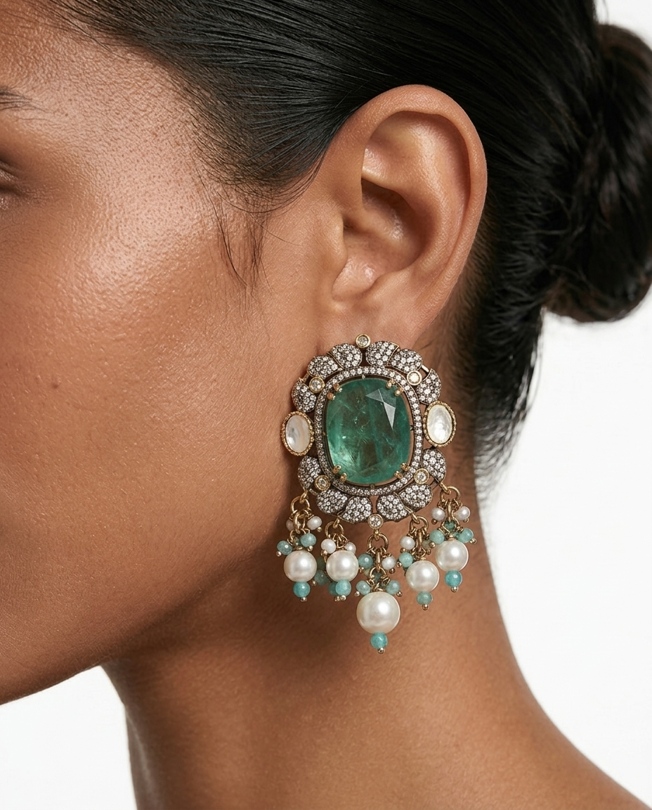 Maharani Zarfina Mint Maharani Imperial Diamond Haar Necklace Set & Jawaria Mint, Pearls & Moissanite Polki Kundan with Zircon Diamond Detailing Statement Luxe Necklace Set (2 Necklace & 2 Earrings)