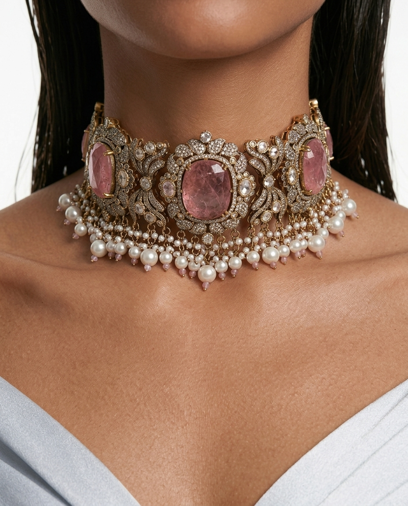 Jawaria Pink, Pearls & Moissanite Polki Kundan with Zircon Diamond Detailing Statement Luxe Necklace Set (Necklace & Earrings)