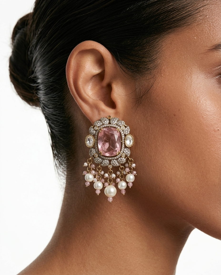 Jawaria Pink, Pearls & Moissanite Polki Kundan with Zircon Diamond Detailing Statement Luxe Necklace Set (Necklace & Earrings)