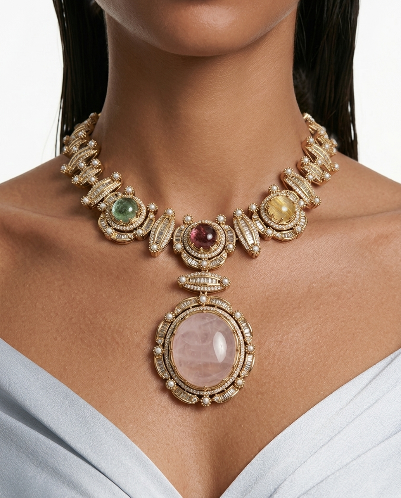 The Noor-e-Rose Multi Colour & Moissanite Polki Kundan with Zircon Diamond Detailing Statement Luxe Necklace Set (Necklace & Earrings)