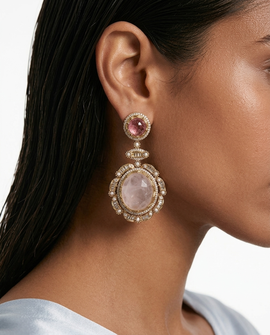 The Noor-e-Rose Multi Colour & Moissanite Polki Kundan with Zircon Diamond Detailing Statement Luxe Necklace Set (Necklace & Earrings)