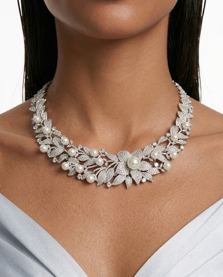 Aurelia Pearl Diamond & Floral Necklace Set (Necklace & Earrings)
