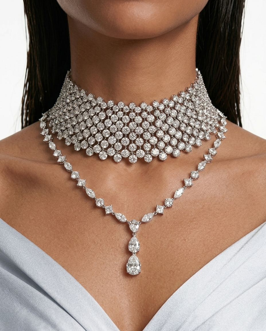 Maharani The Enchant Drops Diamond-Like Zircon Statement Necklace Set & Loki Round Diamond Zircon Choker Necklace Set (2 Necklace & 2 Earrings)