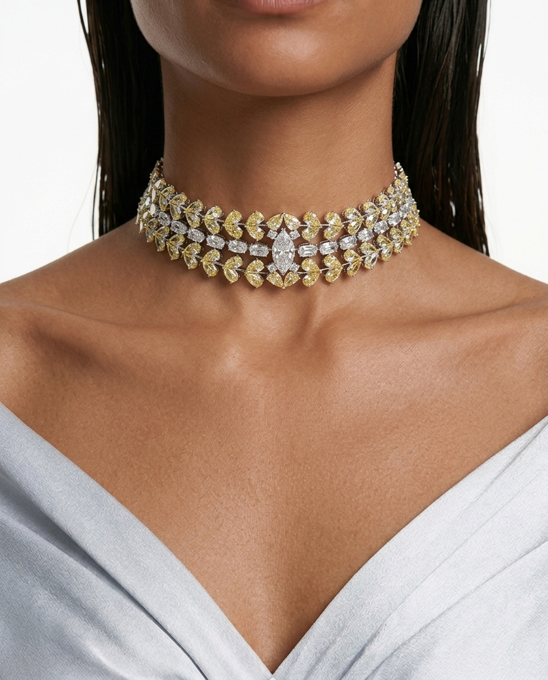 Maharani Valessa & Nayara Citrine Diamond-Like Zircon Statement Necklace Set – 2 Necklaces & Earrings