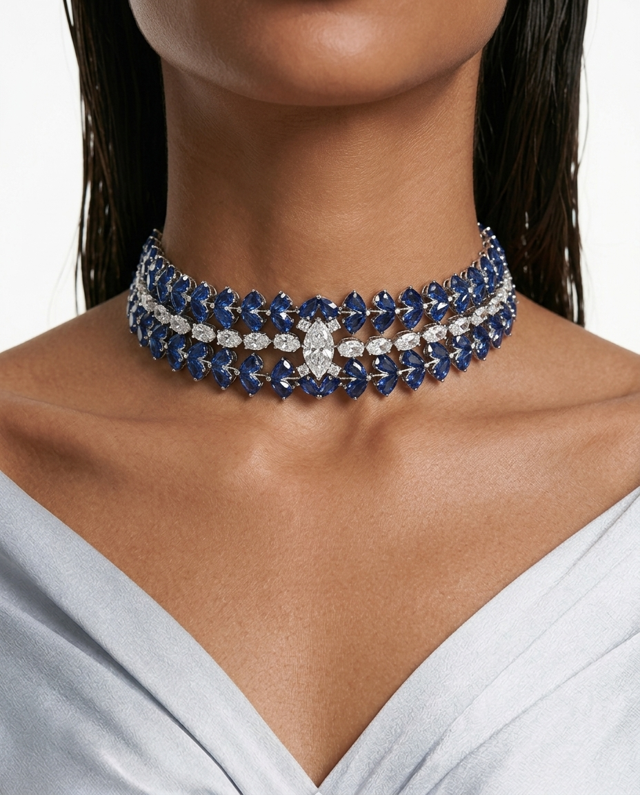 Maharani Nayara Sapphire Diamond-Like Zircon Leaf Petal Choker & Sapphire Drop Dimonte Floral Necklace Set – 2 Necklaces & Earrings