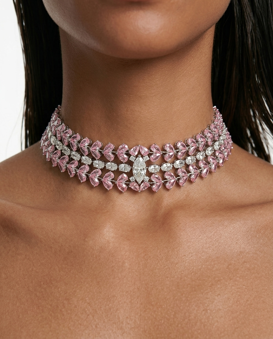 Maharani Nayara & Aveline Pink Diamond-Like Zircon Statement Necklace Set – 2 Necklaces & Earrings