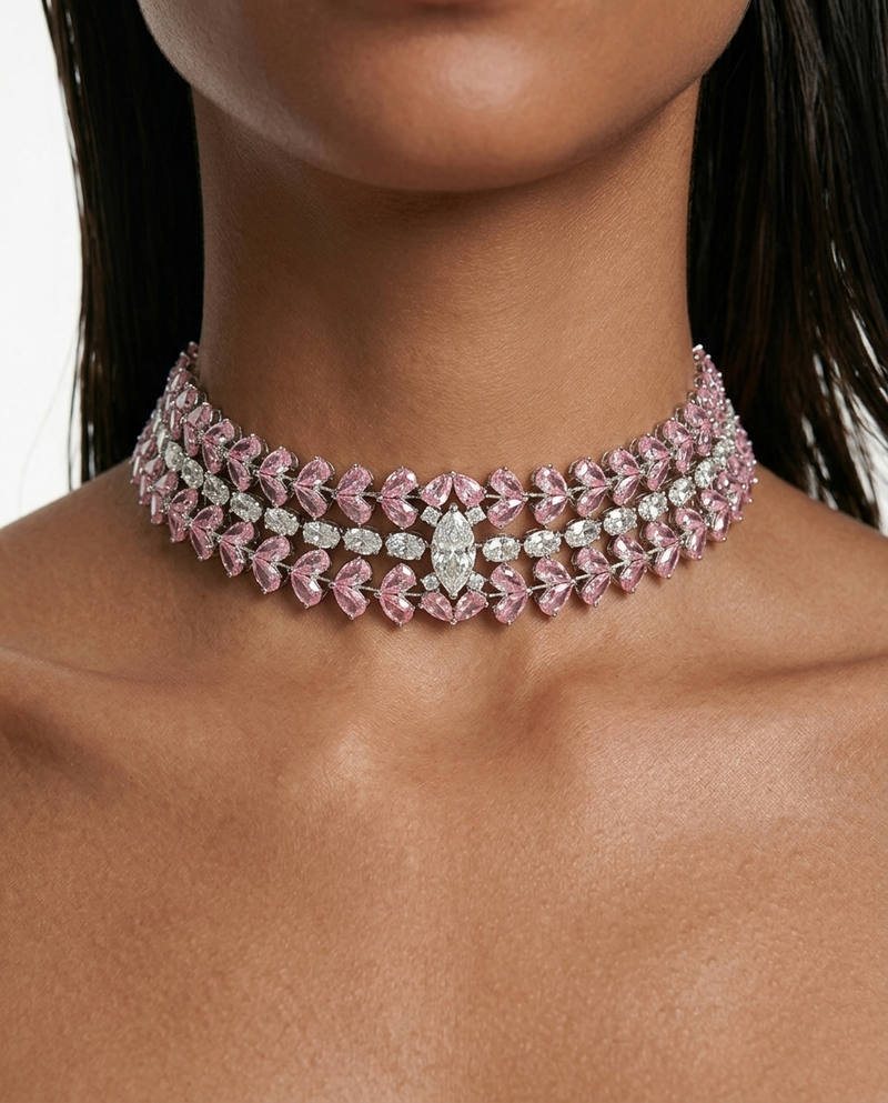 Maharani Nayara & Aveline Pink Diamond-Like Zircon Statement Necklace Set – 2 Necklaces & Earrings