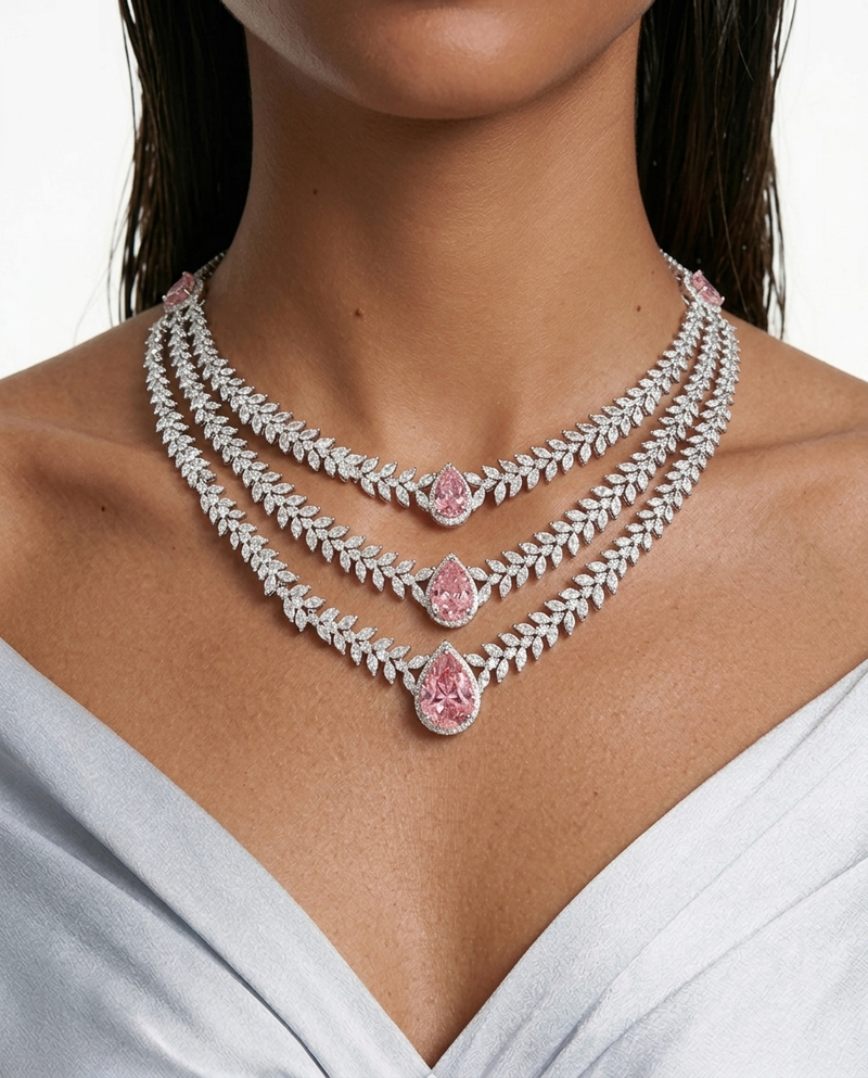 Maharani Valessa & Noéline Pink Diamond-Like Zircon Statement Necklace Set – 2 Necklaces & Earrings
