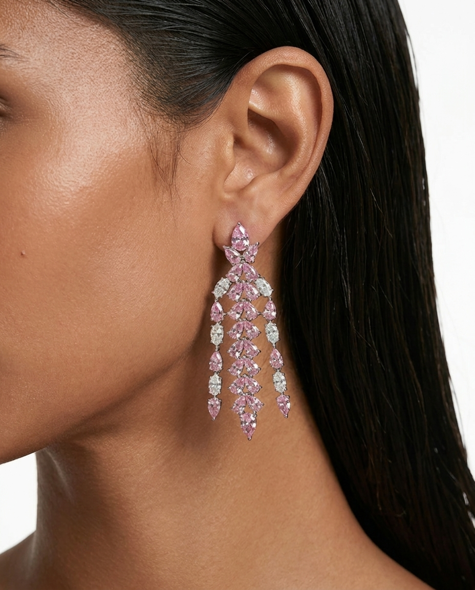 Maharani Nayara & Aveline Pink Diamond-Like Zircon Statement Necklace Set – 2 Necklaces & Earrings