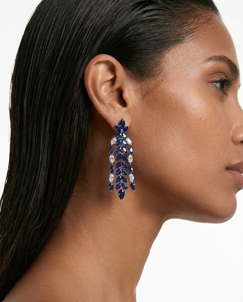Maharani Amani Sapphire and Diamond-Like Zircon Drop Pendant Statement Necklace & Nayara Sapphire Diamond-Like Zircon Leaf Petal Choker Necklace Set – 2 Necklaces & Earrings