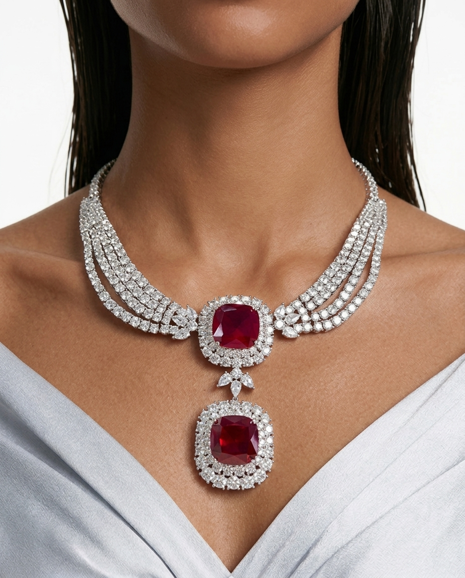 Maharani Valessa & Noéline Ruby Diamond-Like Zircon Statement Necklace Set – 2 Necklaces & Earrings