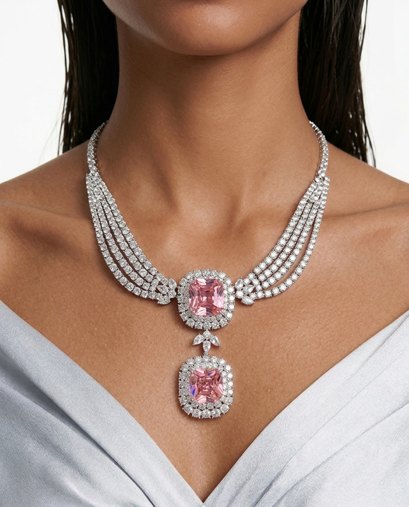 Maharani Valessa & Noéline Pink Diamond-Like Zircon Statement Necklace Set – 2 Necklaces & Earrings