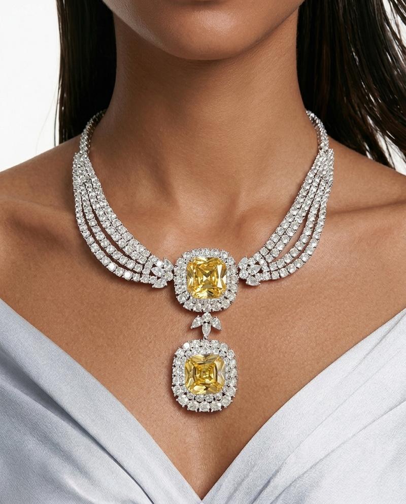 Valessa Diamond-Like Zircon Citrine Statement Necklace Set – Necklace & Earrings