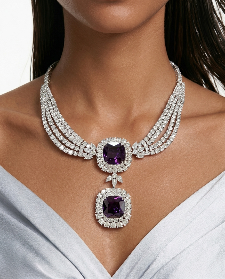 Valessa Diamond-Like Zircon Purple Statement Necklace Set – Necklace & Earrings
