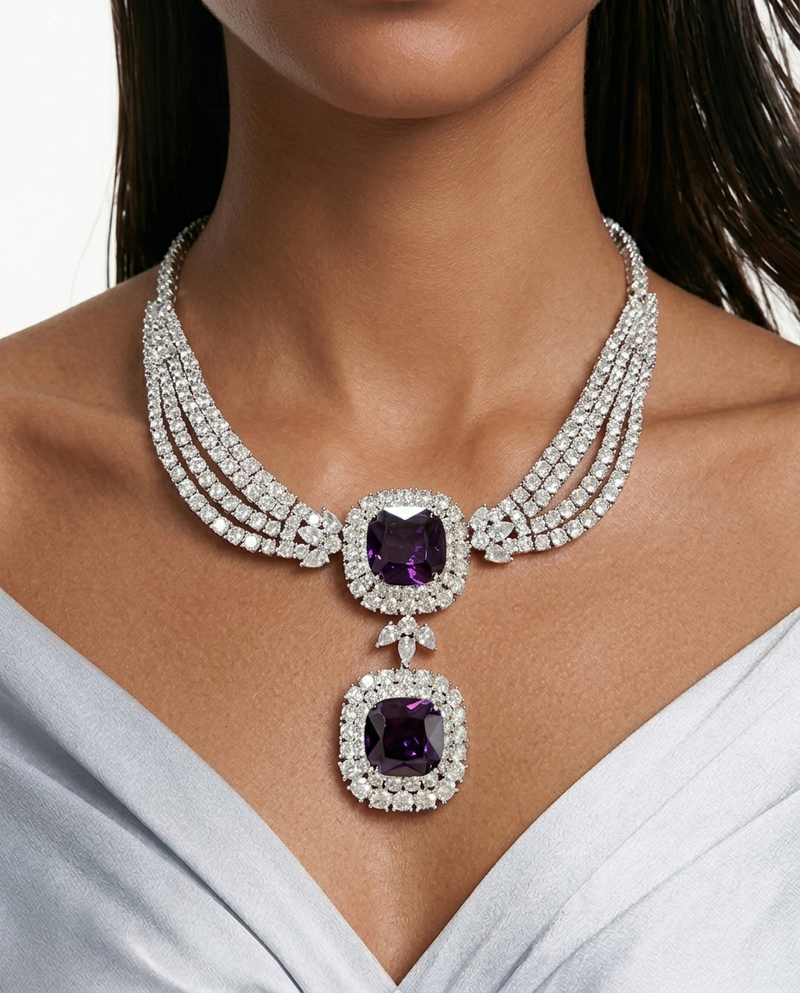 Valessa Diamond-Like Zircon Purple Statement Necklace Set – Necklace & Earrings