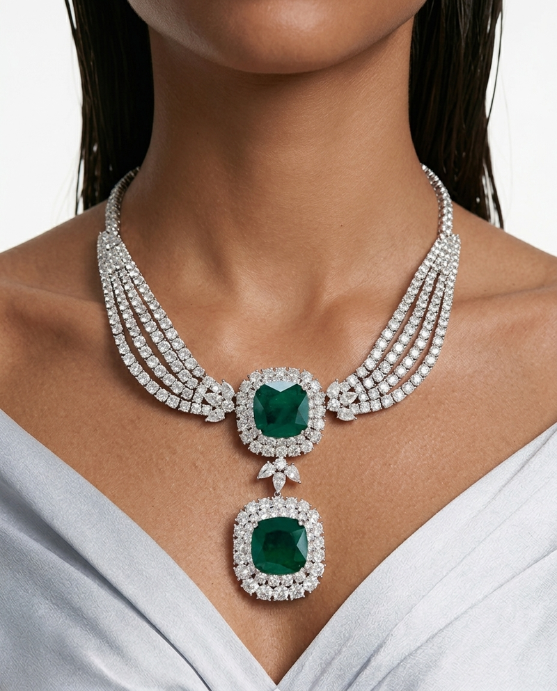 Valessa Diamond-Like Zircon Emerald Statement Necklace Set – Necklace & Earrings