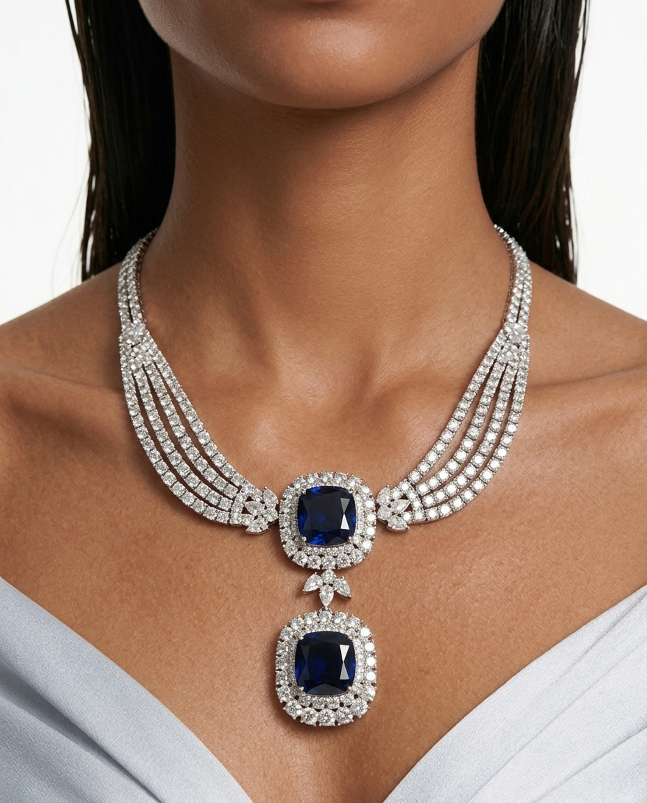Valessa Diamond-Like Zircon Sapphire Statement Necklace Set – Necklace & Earrings