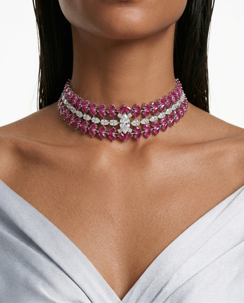 Nayara Ruby Diamond-Like Zircon Leaf Petal Choker Necklace Set – Necklace & Earrings