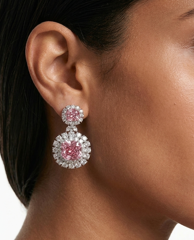 Maharani Valessa & Noéline Pink Diamond-Like Zircon Statement Necklace Set – 2 Necklaces & Earrings