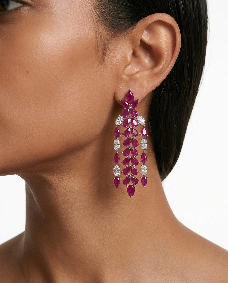 Maharani Nayara Ruby Diamond-Like Zircon Leaf Petal Choker & Dania Ruby Diamond-Like Zircon Compressed Setting Statement Necklace Set – 2 Necklaces & Earrings