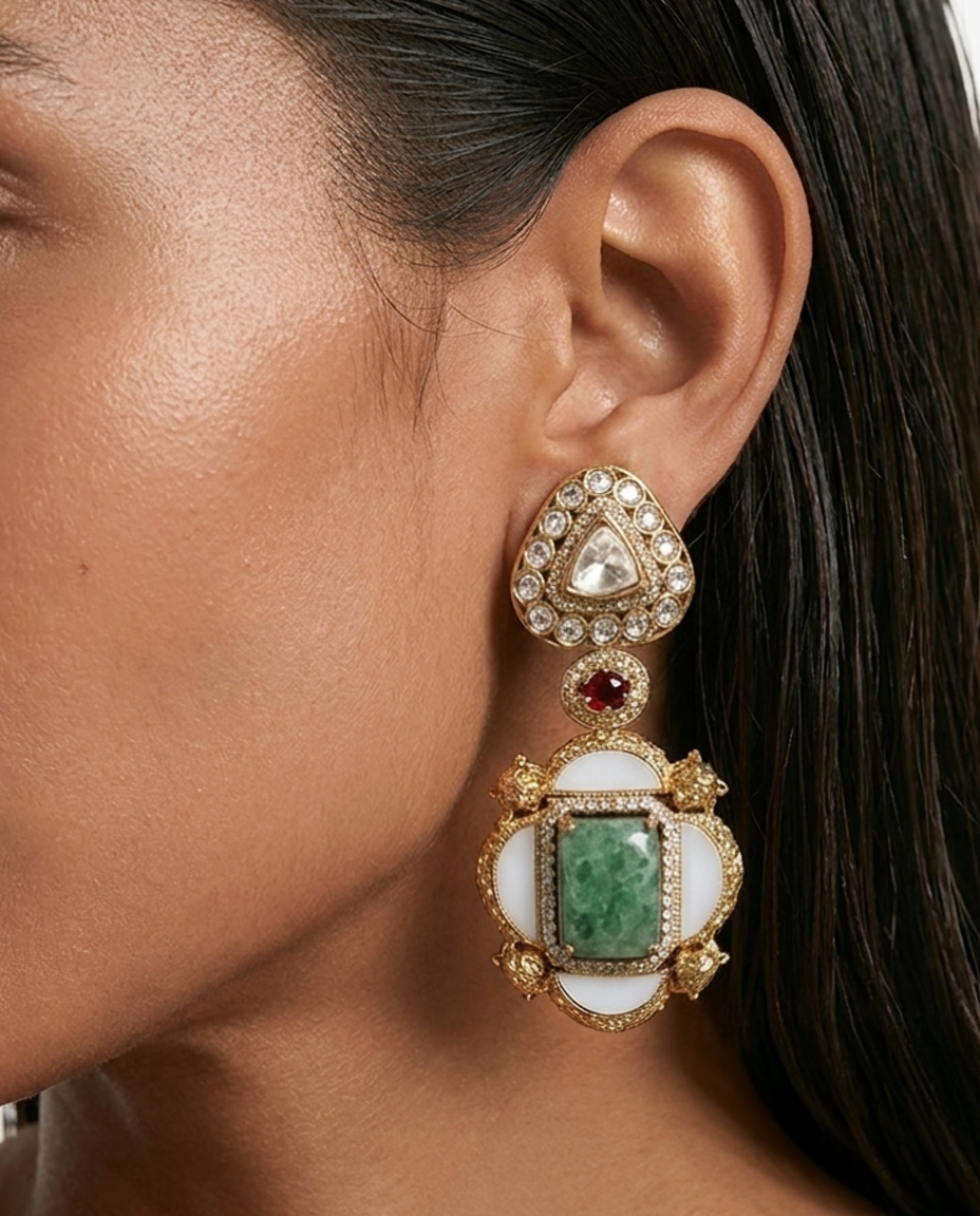 Ruhani Multicolor Moissanite Polki Kundan Double Layer Statement Necklace Set – Necklace & Earrings