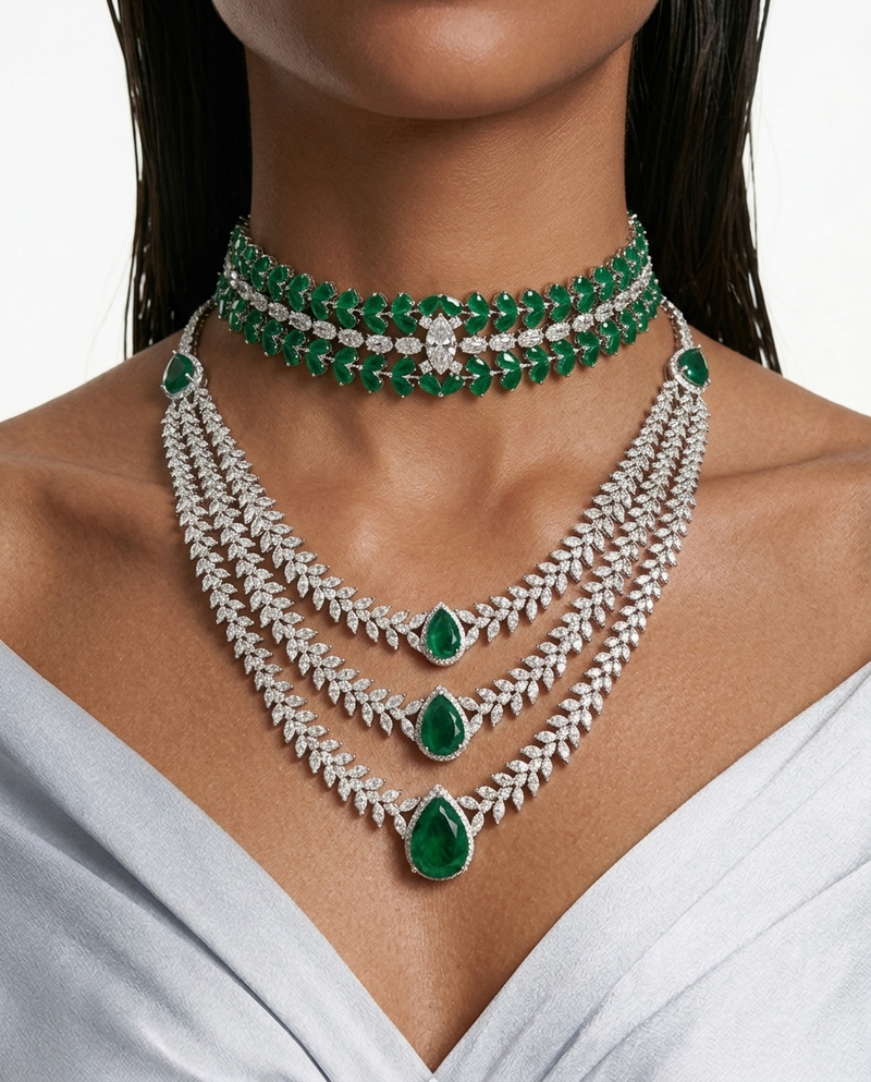 Maharani Noéline & Nayara Emerald Diamond-Like Zircon Statement Necklace Set – 2 Necklaces & Earrings