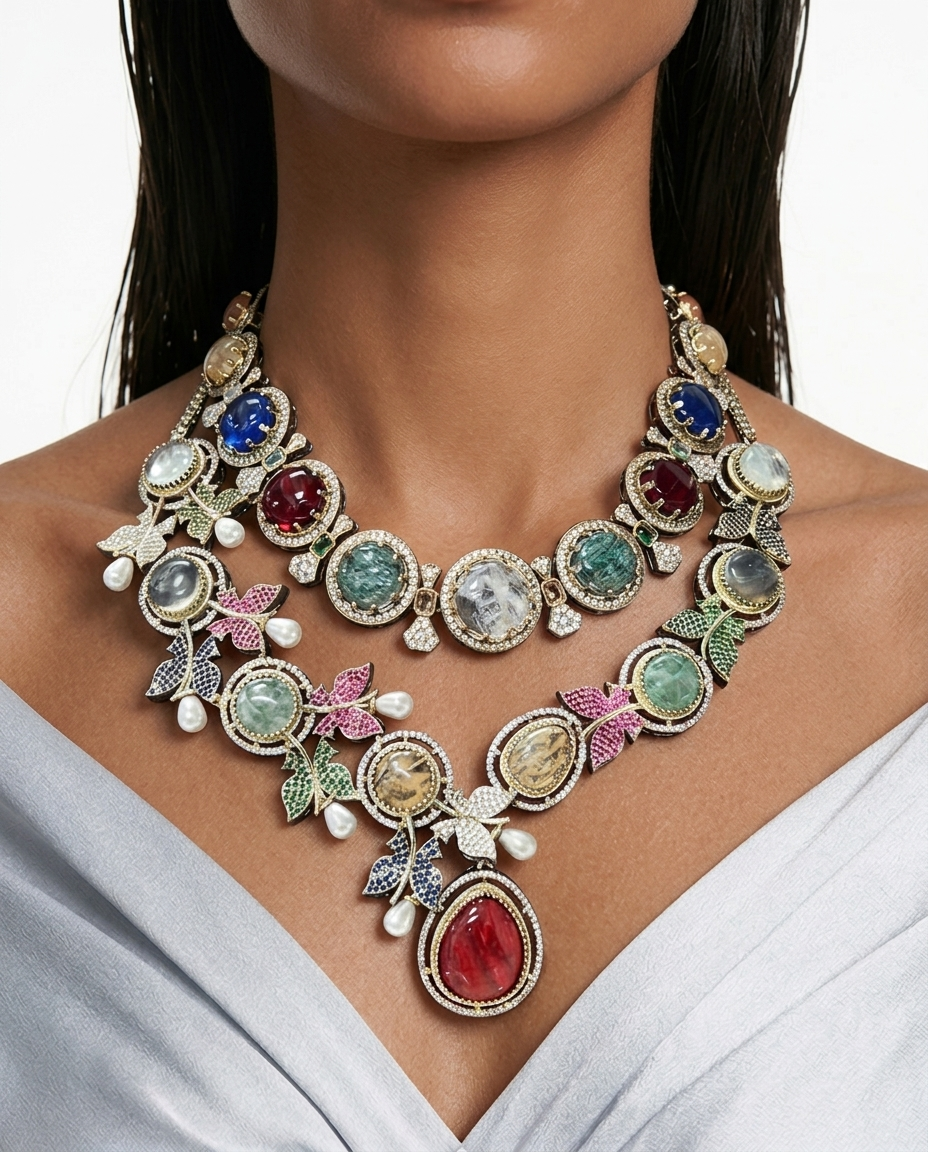 Maharani Florenza & Isma Multicolor Moissanite Polki Kundan with Zircon Diamond Detailing Necklace Set – 2 Necklaces & Earrings