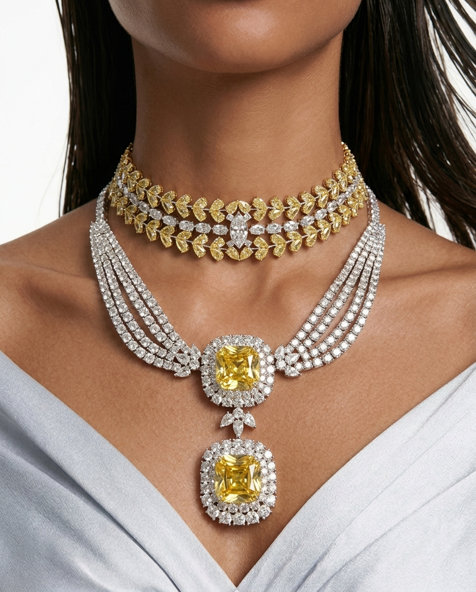 Maharani Valessa & Nayara Citrine Diamond-Like Zircon Statement Necklace Set – 2 Necklaces & Earrings