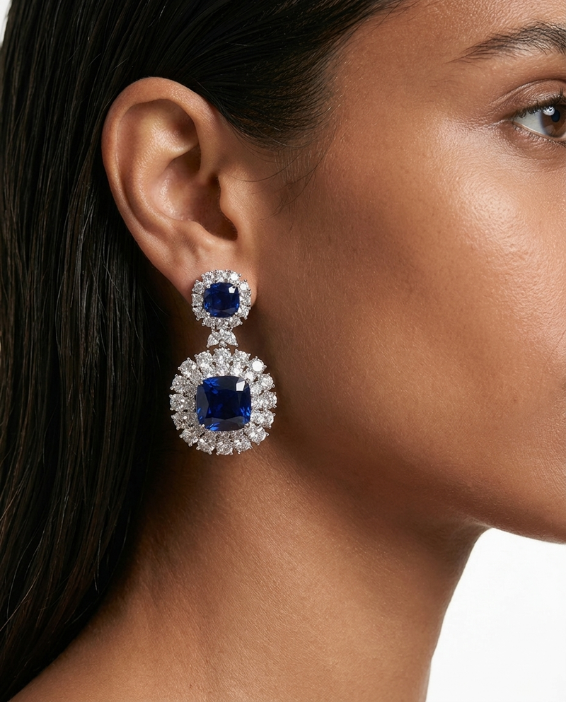 Maharani Valessa Diamond-Like Zircon Sapphire Statement & Heart Sapphire Diamond Necklace Set – 2 Necklaces & Earrings
