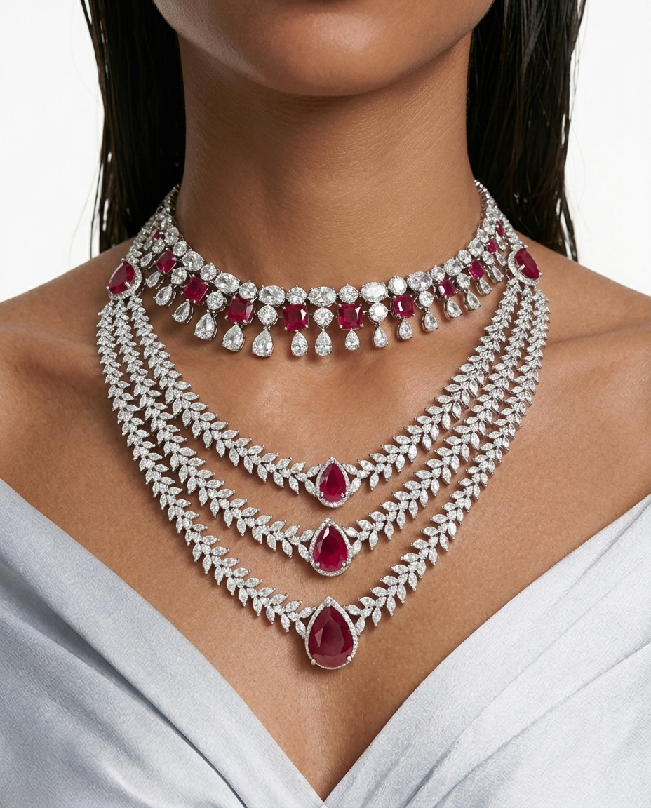 Maharani Noéline Ruby Diamond-Like Zircon & Niharika Diamond-Like Zircon Ovals with Ruby Square Statement Necklace Set – 2 Necklaces & Earrings