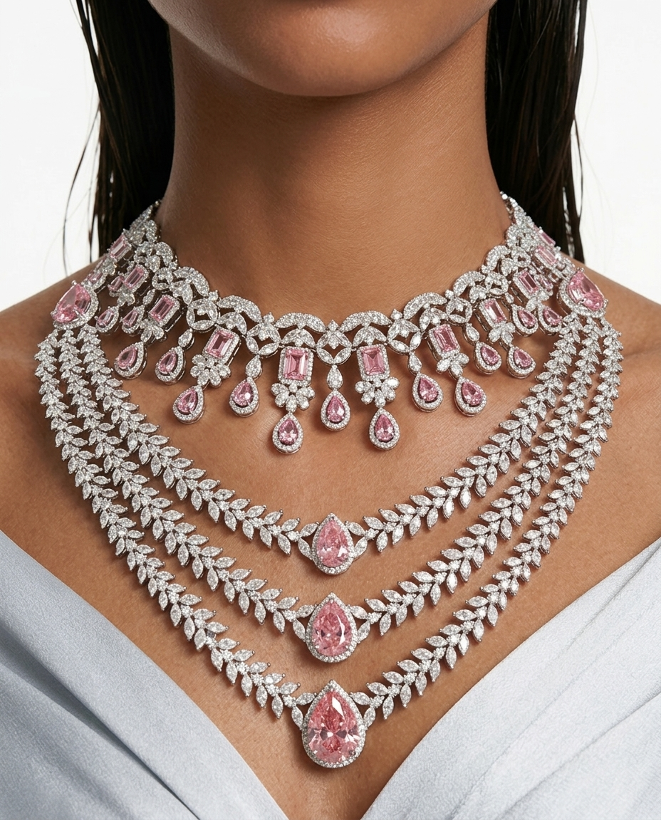 Maharani Noéline & Aarvi Pink Diamond-Like Zircon Statement Necklace Set – 2 Necklaces & Earrings
