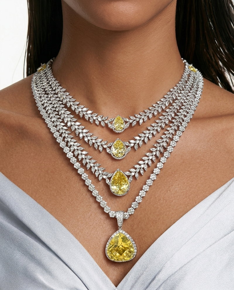 Maharani Élodie & Noéline Citrine Diamond-Like Zircon Statement Necklace Set – 2 Necklaces & Earrings