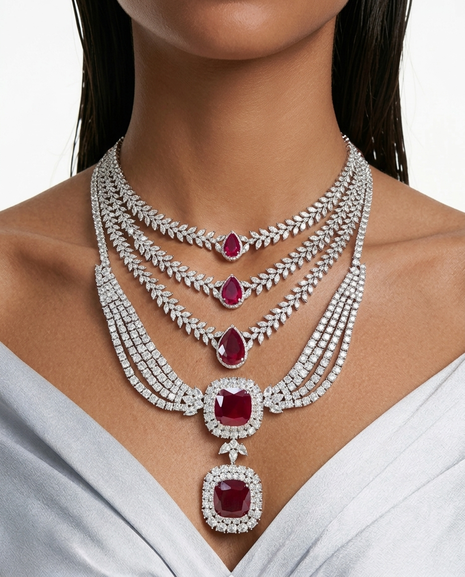 Maharani Valessa & Noéline Ruby Diamond-Like Zircon Statement Necklace Set – 2 Necklaces & Earrings