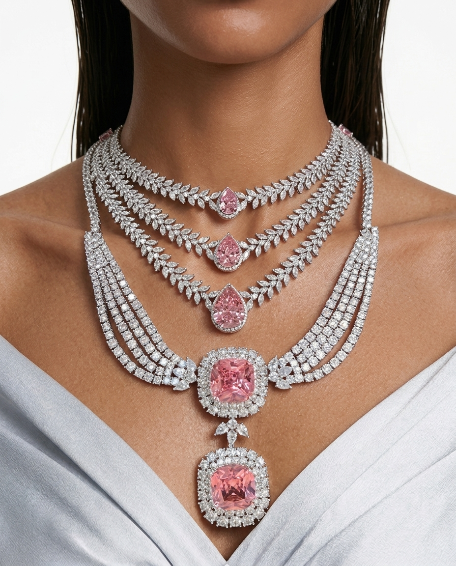 Maharani Valessa & Noéline Pink Diamond-Like Zircon Statement Necklace Set – 2 Necklaces & Earrings