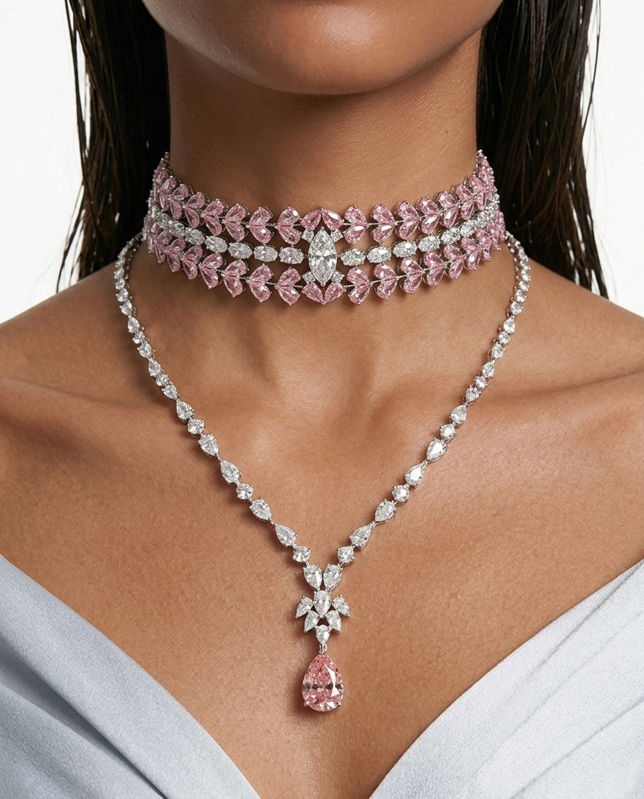Maharani Nayara & Aveline Pink Diamond-Like Zircon Statement Necklace Set – 2 Necklaces & Earrings