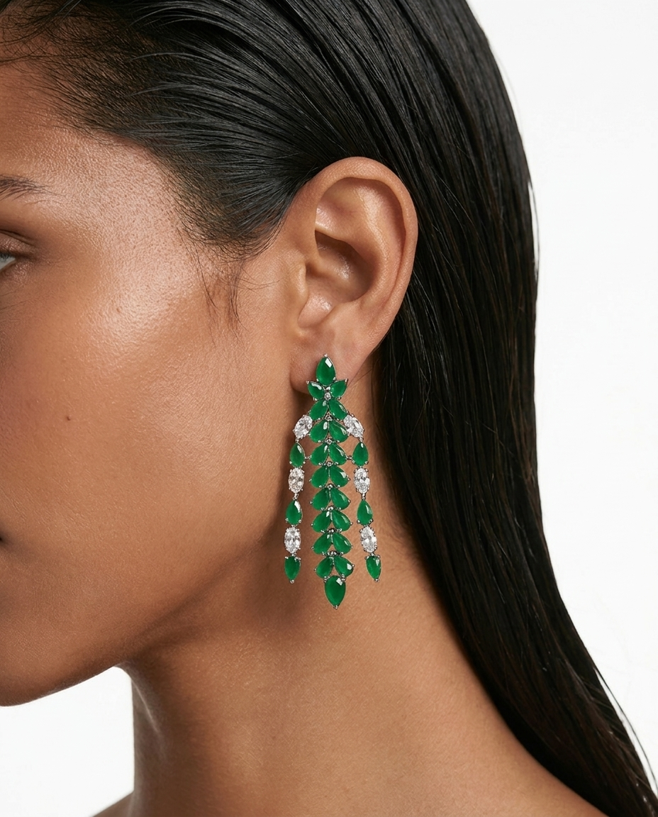 Nayara Emerald Diamond-Like Zircon Leaf Petal Choker Necklace Set – Necklace & Earrings