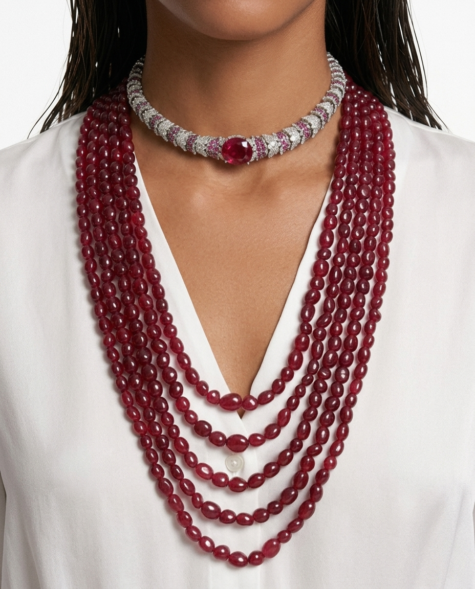 Maharani 5 Layered Ruby Necklace & Elyna Ruby Diamond-Like Zircon Choker Necklace Set – 2 Necklaces & Earrings