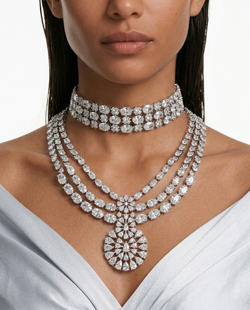 Maharani Raeesa diamantachtige zirkoon drielaagse statement kettingset & Ameera diamantachtige zirkoon statement choker kettingset Kettingset (2 kettingen en 2 oorbellen)