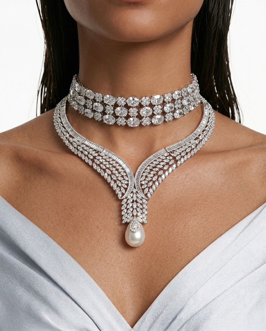 Maharani Areeha Ensemble de colliers ras du cou en perles et diamants en zircone et Ameera (2 colliers et 2 boucles d'oreilles)