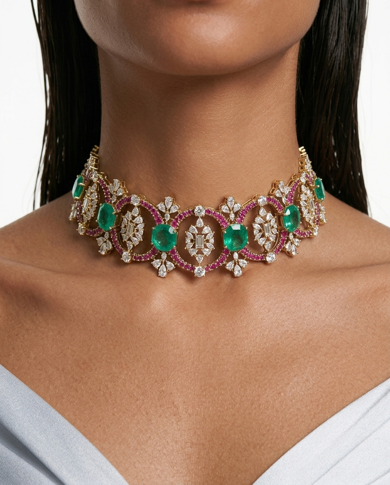 Virelle Emerald & Ruby Diamond-Like Zircon Choker Necklace Set – Necklace & Earrings
