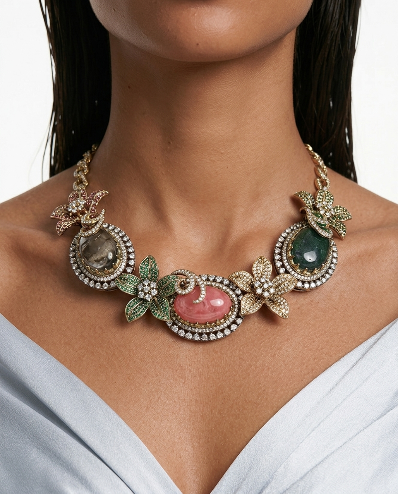 Maira Multicolor Floral Kundan with Zircon Diamond Detailing Necklace Set – Necklace & Earrings