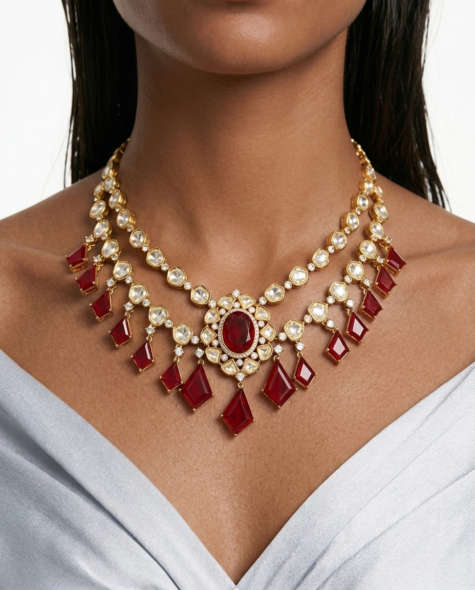 Zaria Ruby Moissanite Polki Kundan Drop Necklace Set – Necklace & Earrings